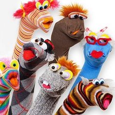 the puppets are all different colors and sizes