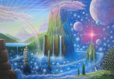 a painting of a fantasy landscape with mountains and rainbows