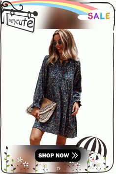 Navy Blue Floral Print Lace-up Long Sleeve Dress Blue Ditsy Floral Midi Dress For Beach, Chic Blue Midi Dress With Ditsy Floral Print, Blue Midi Dress With Ditsy Floral Print For Beach, Blue Floral Dress With Ditsy Floral Print, Blue Floral Print Dress For Fall, Chic Blue Floral Dress With Ditsy Print, Blue Midi Dress With Ditsy Floral Print For Brunch, Blue Bohemian Floral Dress With Ditsy Print, Bohemian Blue Ditsy Floral Dress