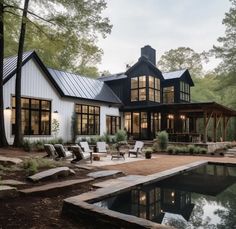 a house with a pool in front of it and lots of windows on the side