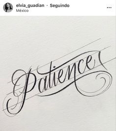 the word patience written in cursive writing on a piece of paper with an ink pen