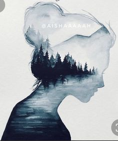 a woman's head with trees and water in the background, as if it were painted on paper