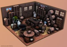 a 3d rendering of a wine cellar with lots of barrels and other things in it