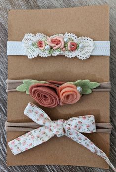 This pretty Headband set includes a floral print bow, felt roses, and hand embroidered roses with lace (tieback).   Perfect for a newborn photo shoot! Tieback Headbands, Pretty Headbands, Felt Roses, Newborn Bows, Rose Headband, Embroidered Rose, Embroidered Roses, Girl Accessories