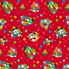 mickey and minnie mouses christmas pattern on red fabric with stars, snowflakes and balloons