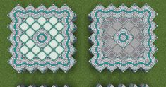 four different patterns on green grass with blue and white squares in the middle, one is an