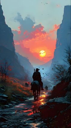 two people riding horses down a stream in the mountains at sunset with birds flying overhead