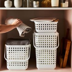 Modular Stacking Baskets with Lid on Food52 Stacking Baskets, Toe Kick Drawer, Store Fresh Herbs, Ikea Storage Hacks, Stacking Basket, Ikea Furniture Hacks, Wooden Dresser, Ikea Storage, Furniture Hacks