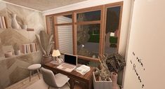 a computer desk sitting in front of a window next to a chair and table with a laptop on it