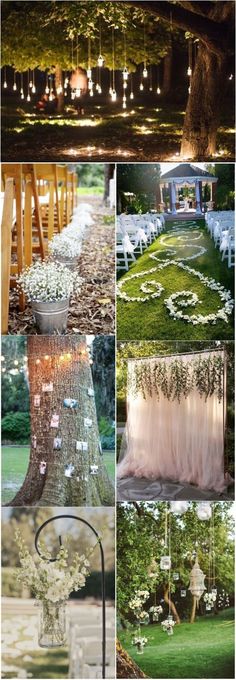 wedding decorations and flowers are arranged on the grass in different stages of being hung from trees