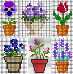 cross stitch pattern with flowers in pots on the front and back side, all different colors