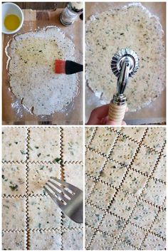 the process for making homemade crackers is shown in four different pictures, including one being spread