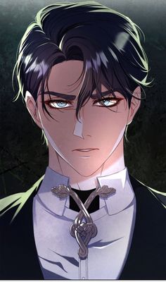 an anime character with dark hair and blue eyes wearing a white shirt, black tie