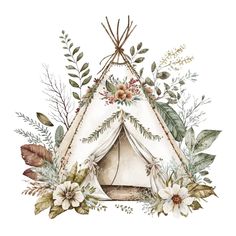 a teepee with flowers and leaves on it is painted in watercolng technique