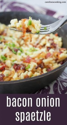 bacon onion spaghetti in a cast iron skillet with text overlay that reads bacon onion spazzile