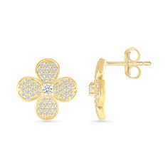 Blossom beautifully with our diamond four petal clover earrings. Crafted from solid 10k yellow gold, they feature 0.50 carats of dazzling diamonds. Yellow Gold Diamond Flower Earrings With Accents, Yellow Gold Flower-shaped Diamond Earrings With Accents, Flower Shaped Yellow Gold Cubic Zirconia Diamond Earrings, Flower Shaped Cubic Zirconia Yellow Gold Diamond Earrings, Flower Shaped Cubic Zirconia Diamond Earrings In Yellow Gold, Yellow Gold Flower-shaped Cubic Zirconia Diamond Earrings, Yellow Gold Flower-shaped Diamond Earrings, Yellow Gold Flower Diamond Earrings With Brilliant Cut, Yellow Gold Flower Earrings With Diamond Accents