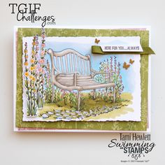 a card with a bench and flowers on it