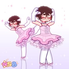 two cartoon girls dressed in pink and white outfits with stars on the wall behind them