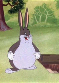 an animated rabbit sitting in the grass next to a tree and another cartoon character standing behind it