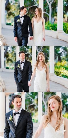 the bride and groom are posing for pictures