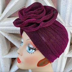 Magenta Metallic Sparkling Flower Turban Glam Hat One Size Fits Most All Of My Items Are Either One-Of-A-Kind, Vintage, Gently Worn Or Made In Very Limited Quantities, So If Something Catches Your Eye, Snap It Up Before Someone Else Does. Summer Party Turban, Party Turban Hat, Spring Party Headwrap One Size, One Size Party Headwrap Hat, Adjustable Summer Party Turban, Spring Party Headwrap - One Size Fits Most, Elegant One Size Turban For Beach, Adjustable Purple Headwrap For Parties, Adjustable Purple Headwrap For Party