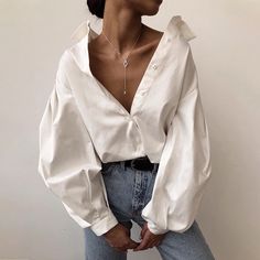 Marthe Puff Sleeve Shirt Blouse - 2 Colors Casual White Shirt, Lantern Sleeved Blouses, Straight Clothes, Women White Blouse, White Shirts Women, Blouse Material, Elegant Shirt, Lantern Sleeve, Blouse Vintage