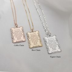 𝐻𝑜𝓌 𝒯𝑜 𝒪𝓇𝒹𝑒𝓇 - Choose material. - Choose chain type and length. 𝐼𝓉𝑒𝓂 𝒟𝑒𝓈𝒸𝓇𝒾𝓅𝓉𝒾𝑜𝓃 Ayatul Qursi Scroll Necklace. Pendant dimensions: 20*25mm 𝒪𝓇𝒹𝑒𝓇 𝐻𝒶𝓃𝒹𝓁𝒾𝓃𝑔 𝒯𝒾𝓂𝑒 Order processing time for our items is 3-5 business days, please note it does not include the delivery time. All of our jewelry is handmade with Love ❤ 𝒟𝑒𝓁𝒾𝓋𝑒𝓇𝓎 𝒯𝒾𝓂𝑒 US ORDERS: Free First Class Mail by USPS - 5-7 business days  -or- Expedited Shipping by DHL - 1-3 business days for 19.9 Gold Rectangular Necklaces With Engraved Text, Gold Rectangular Necklace With Engraved Text, Ayatul Kursi Wallpaper Iphone, Ayatul Kursi, Cool Necklaces, Pricing Jewelry, Minimalist Jewelry, First Class, Beautiful Necklaces