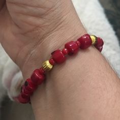 This Is A Gorgeous Dyed Red Bamboo Coral, Apple Coral, And Gold Plated Metal Ball Bracelet. The Clasp Is Magnetic And Opens And Closes Easily. It Is Made Of Gold Plated Metal. The Bracelet Measures 8 Inches Long End To End. In Unused Vintage Condition. Red Bracelets With Heart Beads, Adjustable Red Beaded Bracelets With Wooden Beads, Red Wooden Beads Bracelets As Gift, Red Bohemian Beaded Bracelets With Heart Beads, Bohemian Red Beaded Bracelets With Heart Beads, Red Coral Beaded Bracelets With Round Beads, Red Adjustable Stretch Bracelet With Polished Beads, Red Beaded Coral Bracelets, Red Coral Bracelet With Polished Beads