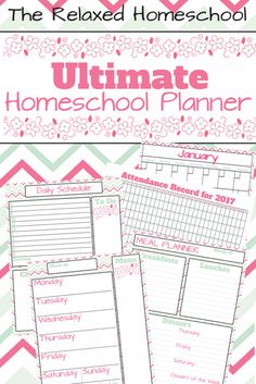 the ultimate homeschool planner is shown in pink and green with flowers on it