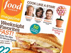 the cover of food network magazine with two sandwiches on it and people looking at each other