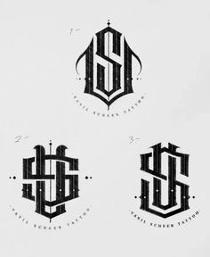 three black and white logos with the letter s on them, all in different styles