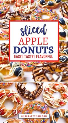 an assortment of sliced apple donuts with chocolate frosting and sprinkles