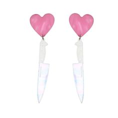 I spy something kawaii. Also sweet and kinda shy, but beware! This cherubic pastel goth ain't nuthin' to F*** with. I Heart Knives in SWEET are a soft take on the SASSY version of the in your face I Heart Knives post dangle style earrings. I Heart Knives Earrings are cut from pearl pink acrylic and transparent iridescent acrylic. Surgical steel posts are attached to back of each heart earring base. Silver plated findings connect the heart earring base to the knife charms. I Heart Knife Earrings Heart Knife, Kuromi Aesthetic, Knife Earrings, Iridescent Acrylic, Hat Aesthetic, Heart Earring, Hearts Girl, Pearl Pink, In Your Face