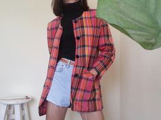 "Vintage Orange Pink Plaid Jacket - 100% Cotton fabric - Shoulder pad (removable) - Button front - Unlined - Pockets - Very good vintage condition Measurements : Shoulders : 16\" Bust : 42\" Sleeves : 21.5\" Total length : 30\" Model height : 5'6\" bust : 33\" waist : 25\" hips : 35\" Please read the policies tab before purchase. I can't have a model for clothes of all sizes, but I have already clearly written a model size. If you have questions about the size, picture, or others, please feel fr Pink Plaid Jacket, Tartan Blazer, Tartan Jacket, Cotton Dungaree, Jacket Summer, Colorful Jacket, Gingham Jacket, Checkered Jacket, Navy Blue Pants