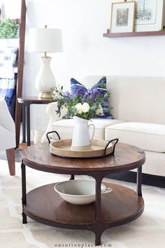 a living room with a coffee table and couch