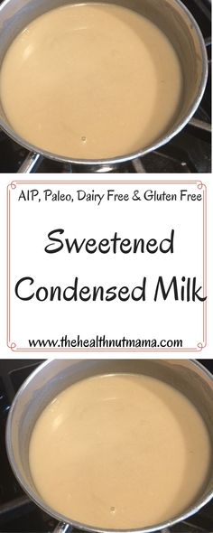 two pans filled with melted milk sitting on top of an electric stove next to the words, sweetened condensed milk