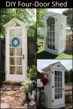 several pictures of different types of outdoor sheds and their doors are shown in this collage