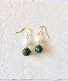 Entiat earrings, pearl and green agate drop earrings, green earrings, pearl earrings Green Dangle Pearl Earrings, Green Pearl Dangle Earrings, Green Pearl Earrings As Gift, Green Pearl Earrings For Gift, Green Pearl Charm Drop Earrings, Green Drop Earrings With Pearl Charm, Green Pearl Drop Earrings As Gift, Green Pearl Drop Earrings For Gift, Elegant Green Jade Beaded Earrings