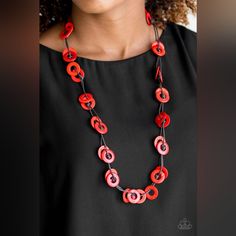 Shiny Brown Cording Knots Around Fiery Red Wooden Discs, Creating A Colorful Display Across The Chest. Features A Button Loop Closure. Sold As One Individual Necklace. Includes One Pair Of Matching Earrings. Wooden Necklace, Red Necklace, Wood Necklace, Paparazzi Accessories, Fiery Red, Affordable Jewelry, Paparazzi Jewelry, Necklace Earring Set, Accessories Necklace