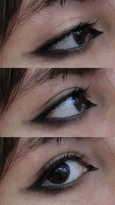 Small Goth Eyeliner, Punk Makeup Simple, Goth Eyeliner Easy, How To Do Black Eyeliner, Simple Goth Eyeshadow, Goth Puppy Eyeliner, Goth Glow Up, Goth Makeup Almond Eyes, Dark Hooded Eye Makeup