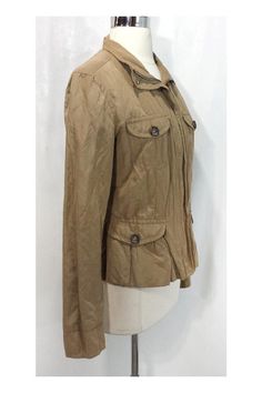 Size 10 Khaki Zip & Button Crinkle Jacket 4 button pockets in front Snap button detail at cuffs Zip & button up front Polyester lining Poly/cotton outer Runs small 25" sleeve length 23" total length 17" shoulder to shoulder 19" underarm to underarm 33" waist Spring Khaki Utility Jacket With Button Cuffs, Spring Khaki Utility Jacket With Button Closure, Fitted Khaki Button-up Utility Jacket, Brown Utility Jacket With Button Closure For Spring, Spring Brown Utility Jacket With Button Closure, Max Mara Weekend, Weekend Max Mara, Max Mara, Button Detail