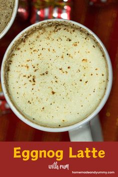 eggnog latte with rum in two white mugs