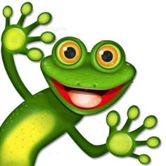 a green frog with bulging eyes and arms up in the air, making a funny face