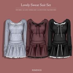 three dresses with bows on the neckline and long sleeves are shown in different colors