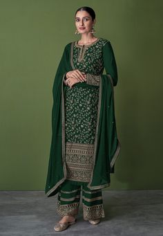 Faux georgette embroidered pakistani suit in Green colour 151C  Desc:  Style : Pakistani Salwar Kameez Color : Green Fabric : Faux Georgette Work : Embroidery   Sequence Wash Care : Dry clean Sleeve Style : Full Sleeve Long Sleeves : Done only in Custom Stitch Sleeves Lining : Done only in Custom Stitch Bust Size : 32 to 42 Inches Occasion : Wedding   Mehendi   Sangeet   Reception   Lohri   Gudi Padwa. With Express Free Shipping and Custom Stitching, Buy Indian Party wedding wear bridal salwar F Garara Suit, Blue Sharara, Plazzo Suit, Georgette Palazzo, Teal Pants, Celana Fashion, Dark Blue Pants, Modest Evening Dress, Georgette Dupatta