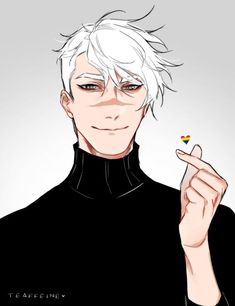 an anime character with white hair and black shirt holding a small heart in his hand