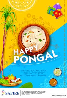 happy pongal poster with rice and fruits