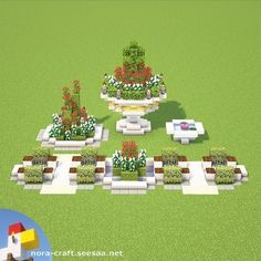 an image of a garden in the middle of a field with flowers and benches around it