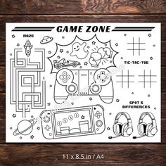 a printable game zone poster with headphones and other items on it, next to a