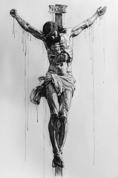 a black and white drawing of a man on the cross with dripping water all over him